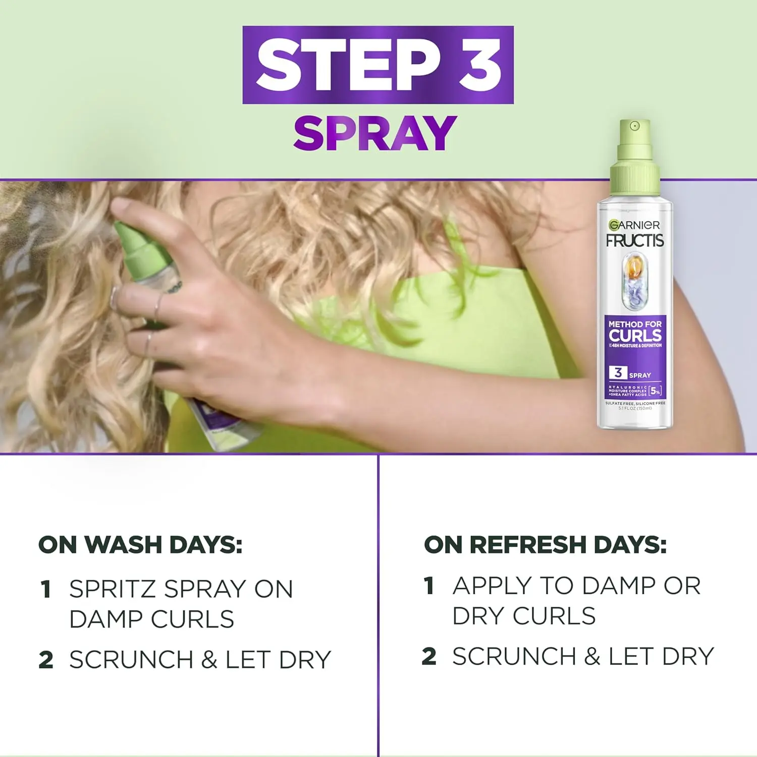 Garnier Fructis Method for Curls kit with shampoo, mask, and curl refresher spray formulated for lasting moisture and definition on 2C to 4C curls.