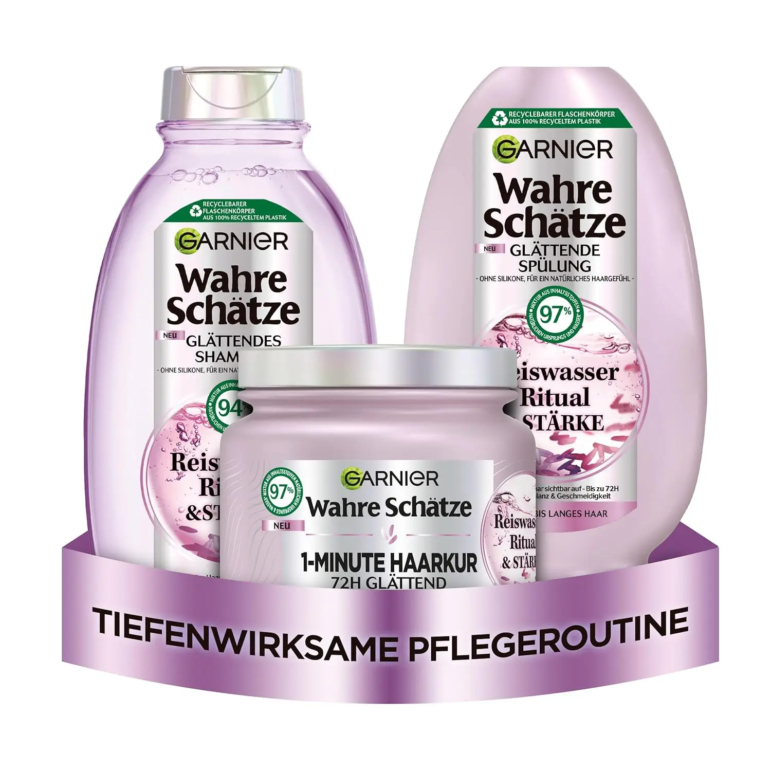 Garnier True Treasures rice water hair care set with shampoo, conditioner, and hair treatment for smoothing, moisturizing, and adding shine to dull hair.