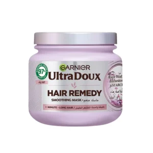 Garnier Ultra Doux rice water hair mask deeply moisturizes and smooths dehydrated, dull hair, leaving it shiny and supple for up to 72 hours with a vegan, silicone-free formula.