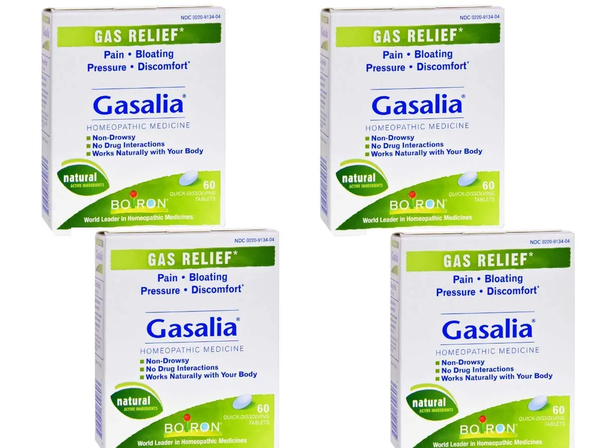 Four packs of Boiron Gasalia homeopathic medicine for quick relief of gas, bloating, pressure, and pain.