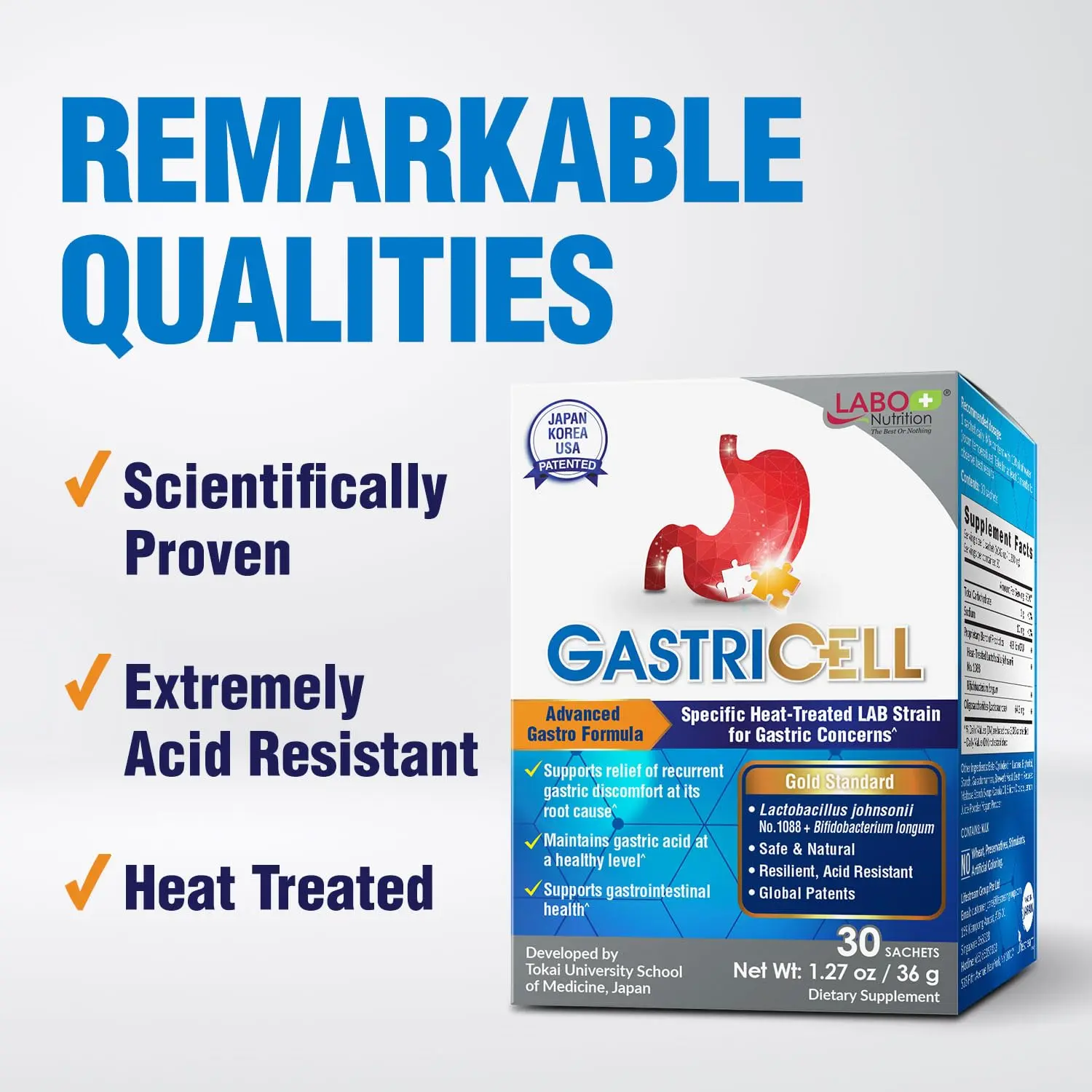 GASTRICELL contains L. johnsonii No. 1088 probiotic to help maintain healthy gastric function, balanced stomach acidity, and a well-regulated intestinal environment for heartburn and acid reflux relief.