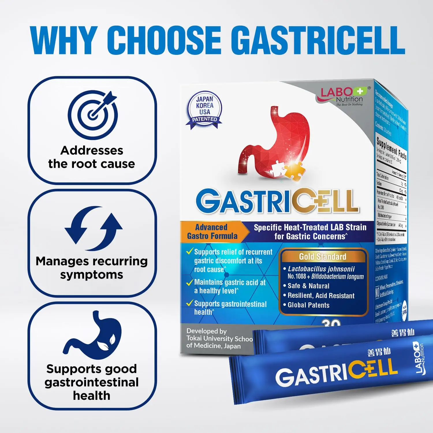 GASTRICELL contains L. johnsonii No. 1088 probiotic to help maintain healthy gastric function, balanced stomach acidity, and a well-regulated intestinal environment for heartburn and acid reflux relief.