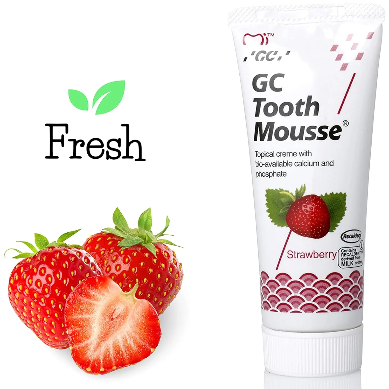 A tube of GC Tooth Mousse in strawberry flavor with Recaldent, offering free UK delivery.