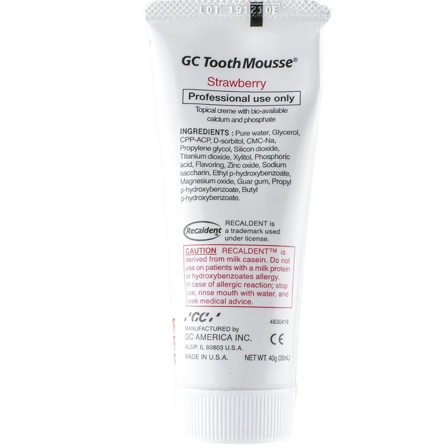 A tube of GC Tooth Mousse in strawberry flavor with Recaldent, offering free UK delivery.