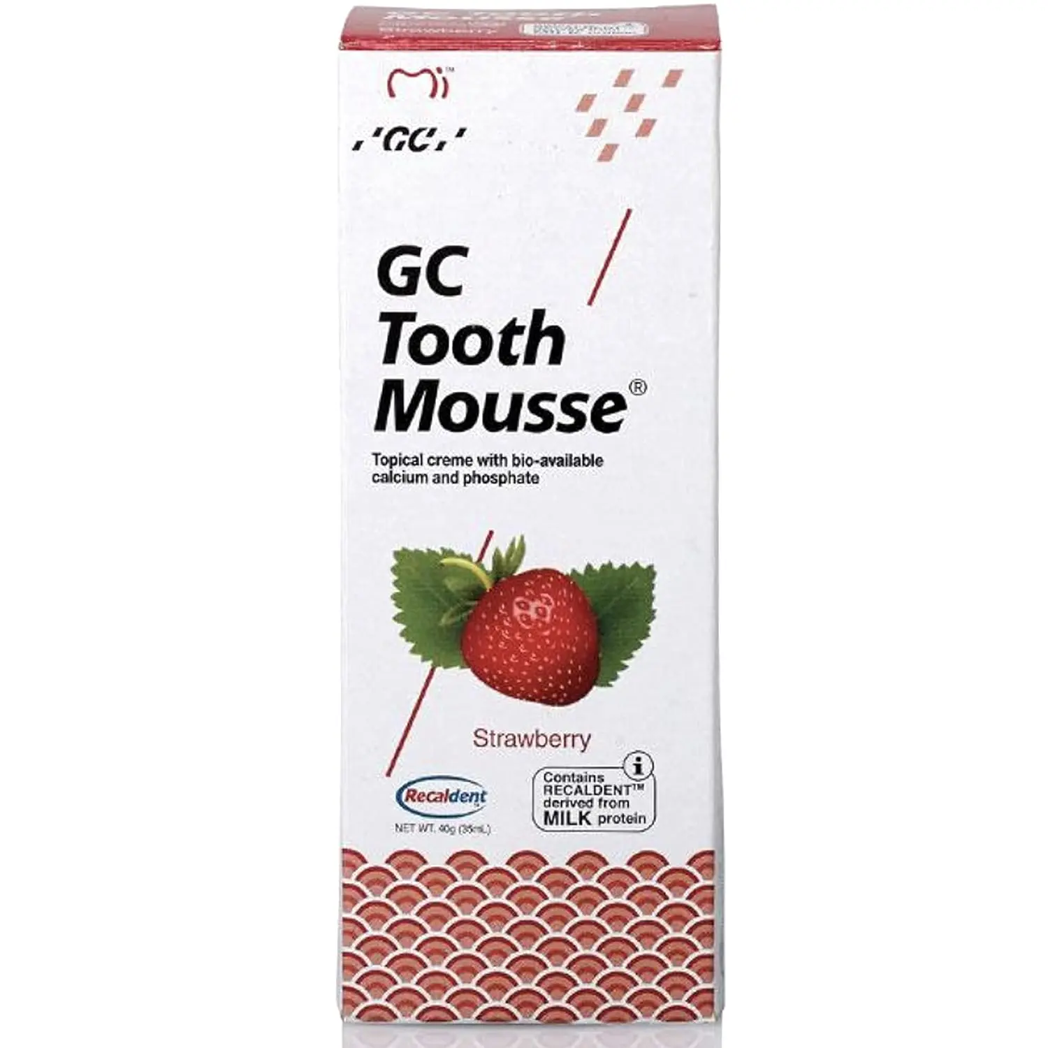 A tube of GC Tooth Mousse in strawberry flavor with Recaldent, offering free UK delivery.