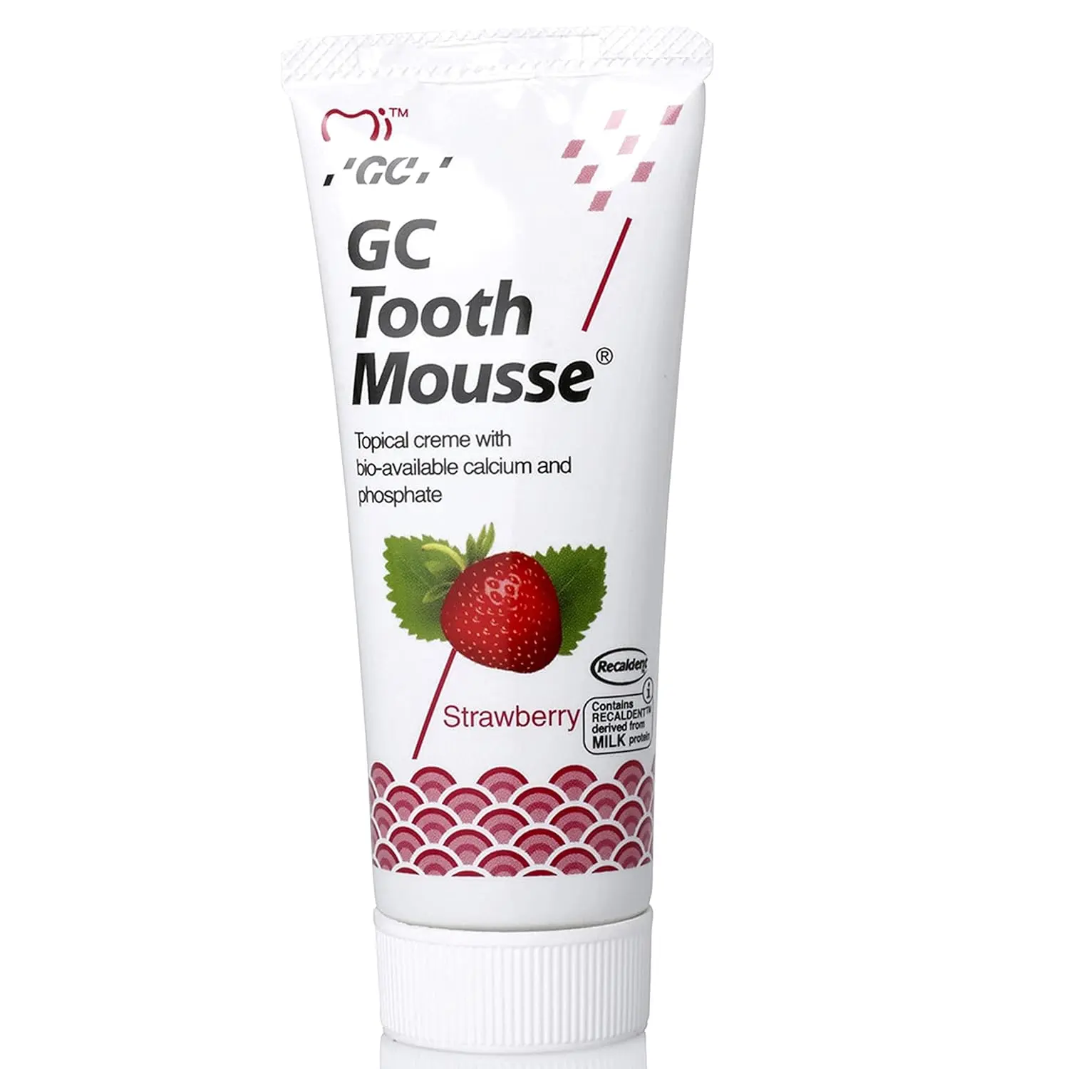 A tube of GC Tooth Mousse in strawberry flavor with Recaldent, offering free UK delivery.
