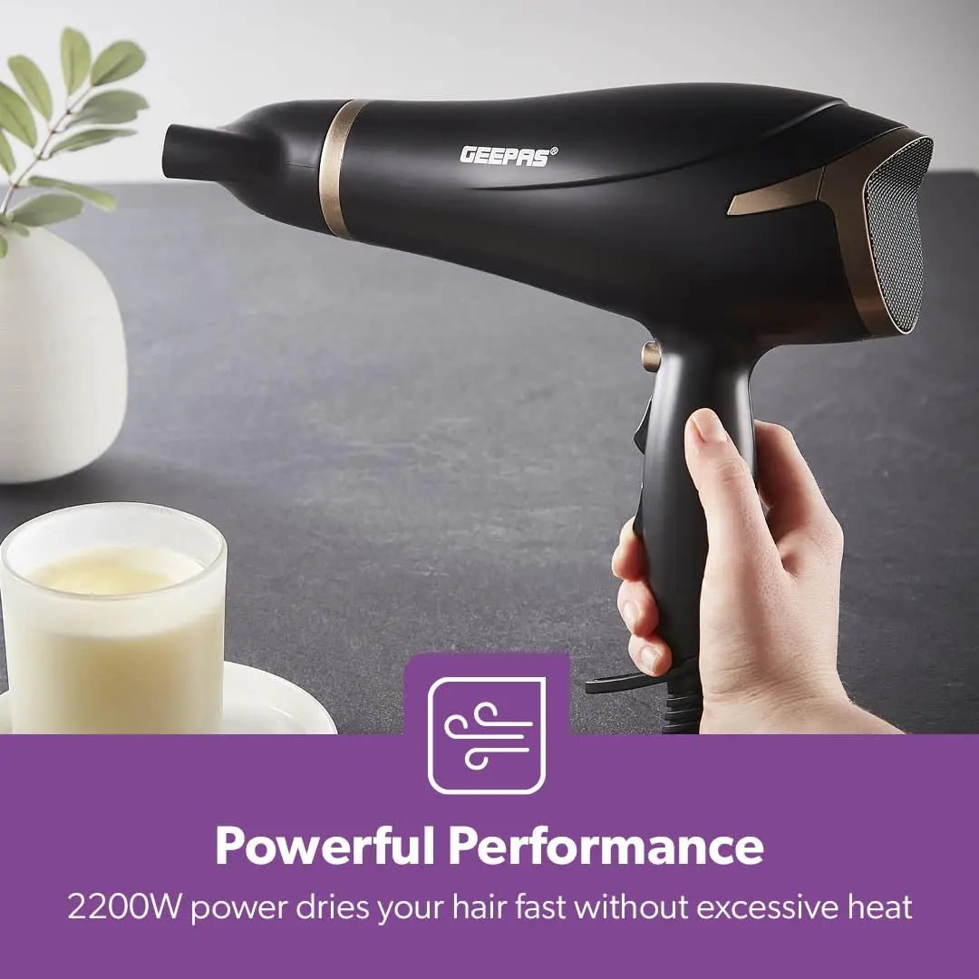 The Geepas 2200W hair dryer with ionic technology features two-speed and three-temperature settings, a cool shot function, and a detachable cap for easy cleaning.