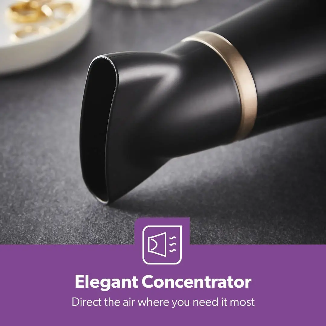 The Geepas 2200W hair dryer with ionic technology features two-speed and three-temperature settings, a cool shot function, and a detachable cap for easy cleaning.