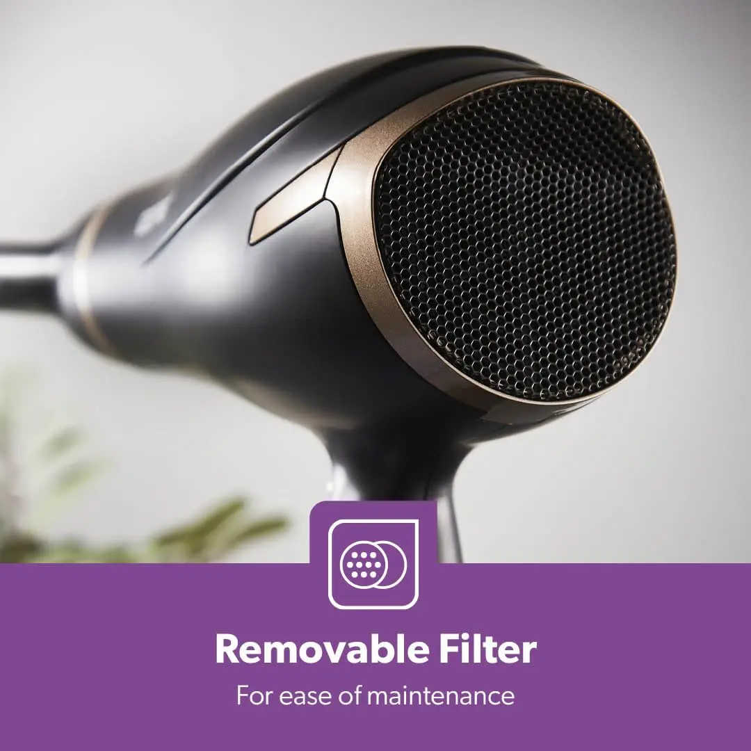 The Geepas 2200W hair dryer with ionic technology features two-speed and three-temperature settings, a cool shot function, and a detachable cap for easy cleaning.