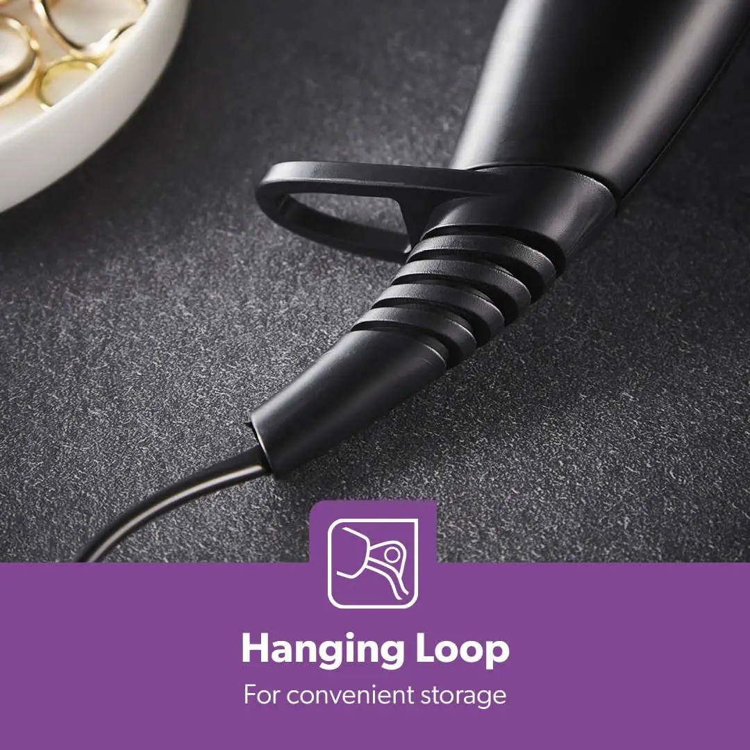 The Geepas 2200W hair dryer with ionic technology features two-speed and three-temperature settings, a cool shot function, and a detachable cap for easy cleaning.