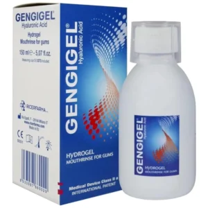 A bottle of Gengigel mouth rinse, 150ml size, for oral hygiene.