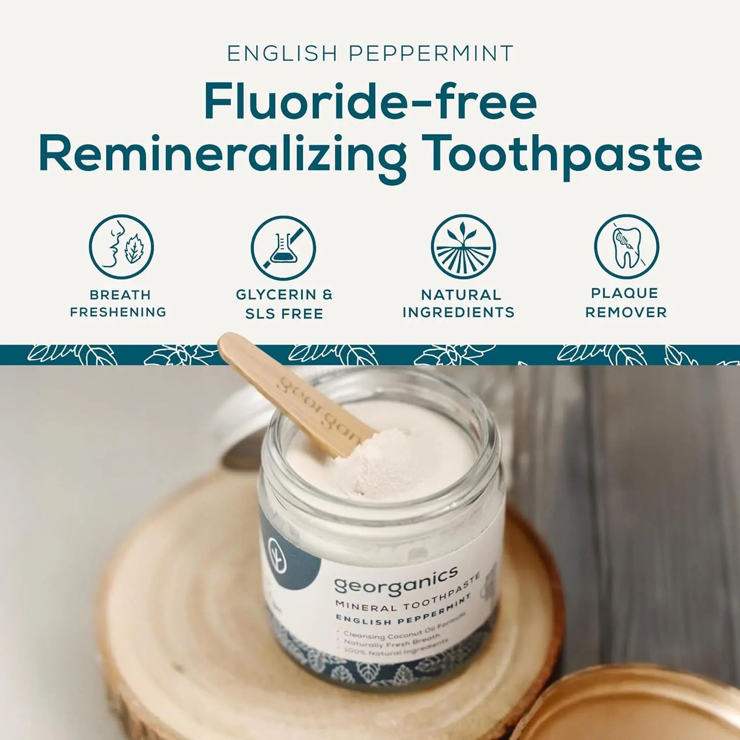 Georganics natural toothpowder in a glass jar, a vegan and cruelty-free stain-removing formula handmade in the UK.