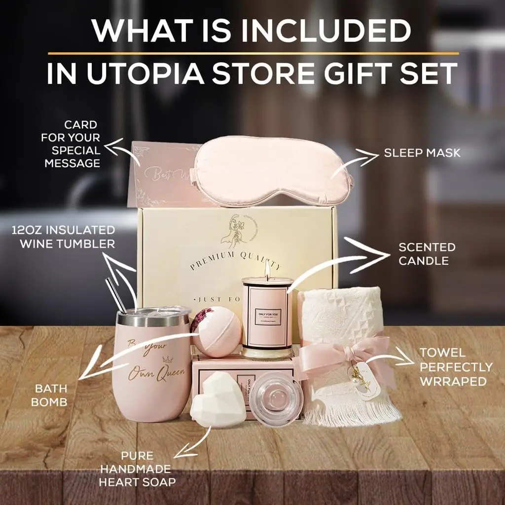 This luxurious spa gift set for women includes a wine tumbler, handmade soap, bath bomb, sleep mask, scented candle, and towel, making it the perfect birthday or Mother's Day gift.