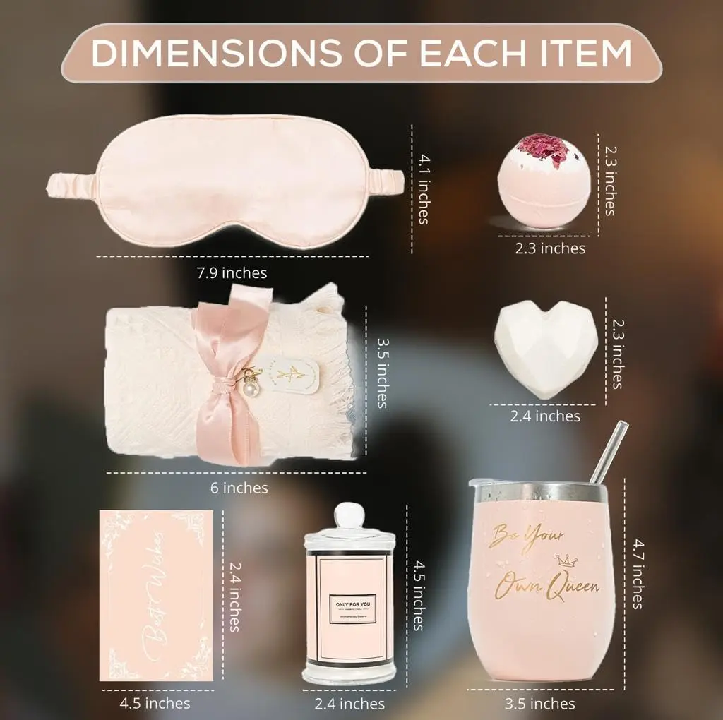 This luxurious spa gift set for women includes a wine tumbler, handmade soap, bath bomb, sleep mask, scented candle, and towel, making it the perfect birthday or Mother's Day gift.