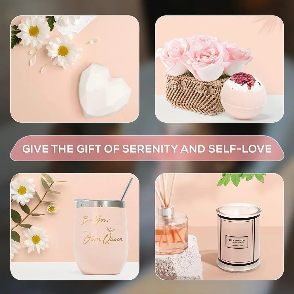 This luxurious spa gift set for women includes a wine tumbler, handmade soap, bath bomb, sleep mask, scented candle, and towel, making it the perfect birthday or Mother's Day gift.