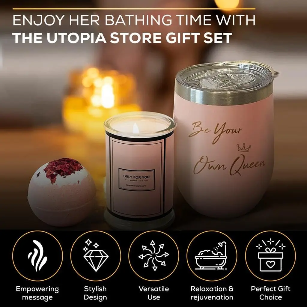 This luxurious spa gift set for women includes a wine tumbler, handmade soap, bath bomb, sleep mask, scented candle, and towel, making it the perfect birthday or Mother's Day gift.