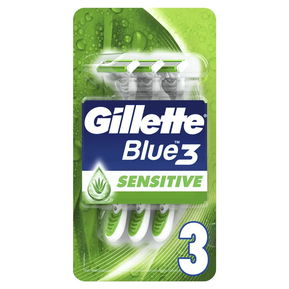 Three Gillette Blue 3 Sensitive disposable razors for men, designed with a lubrastrip, three blades, and a pivoting head for a comfortable shave on sensitive skin.