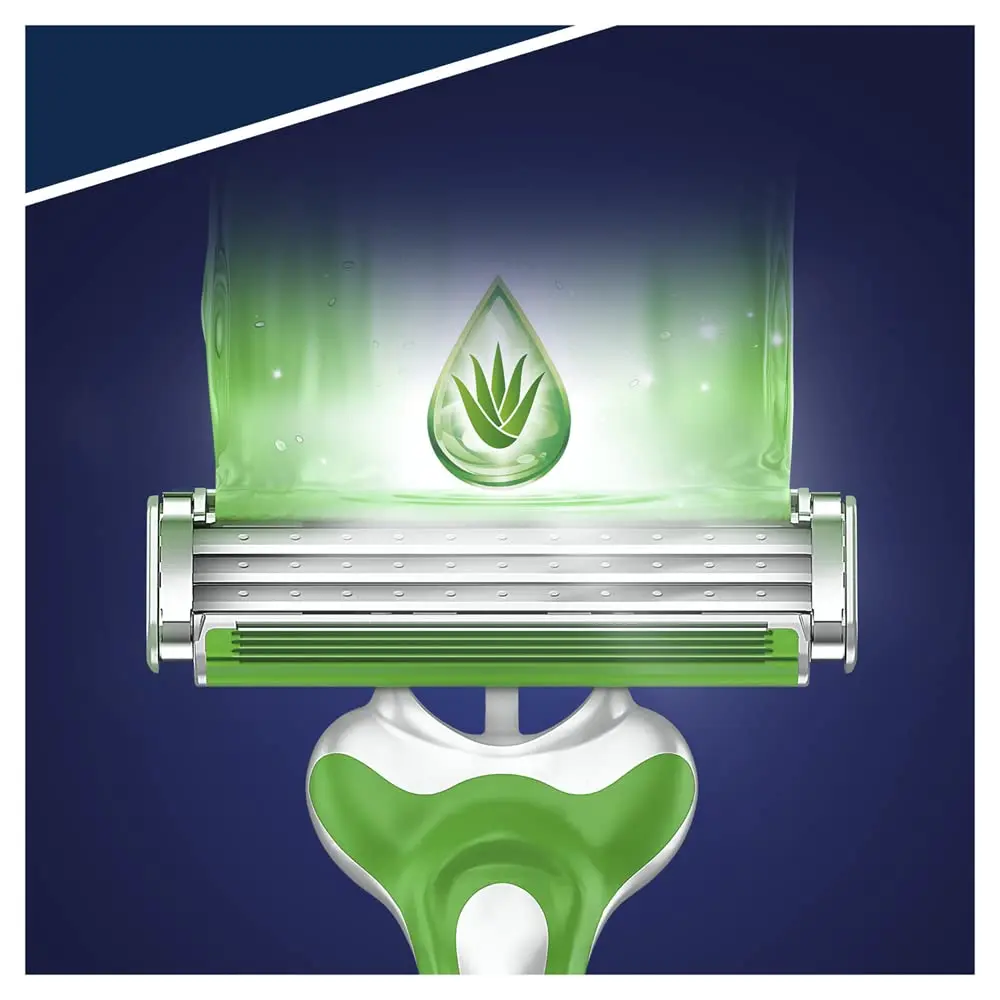 Three Gillette Blue 3 Sensitive disposable razors for men, designed with a lubrastrip, three blades, and a pivoting head for a comfortable shave on sensitive skin.