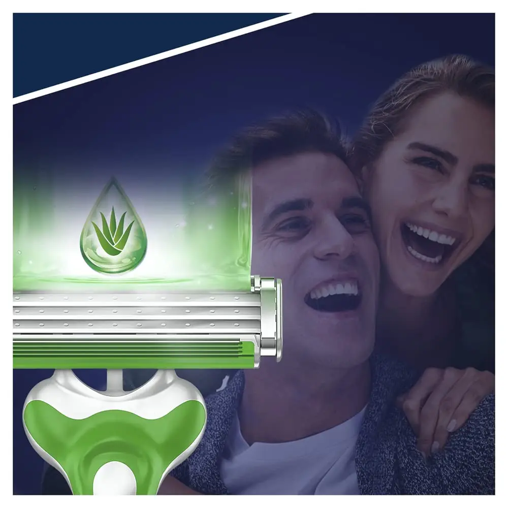 Three Gillette Blue 3 Sensitive disposable razors for men, designed with a lubrastrip, three blades, and a pivoting head for a comfortable shave on sensitive skin.