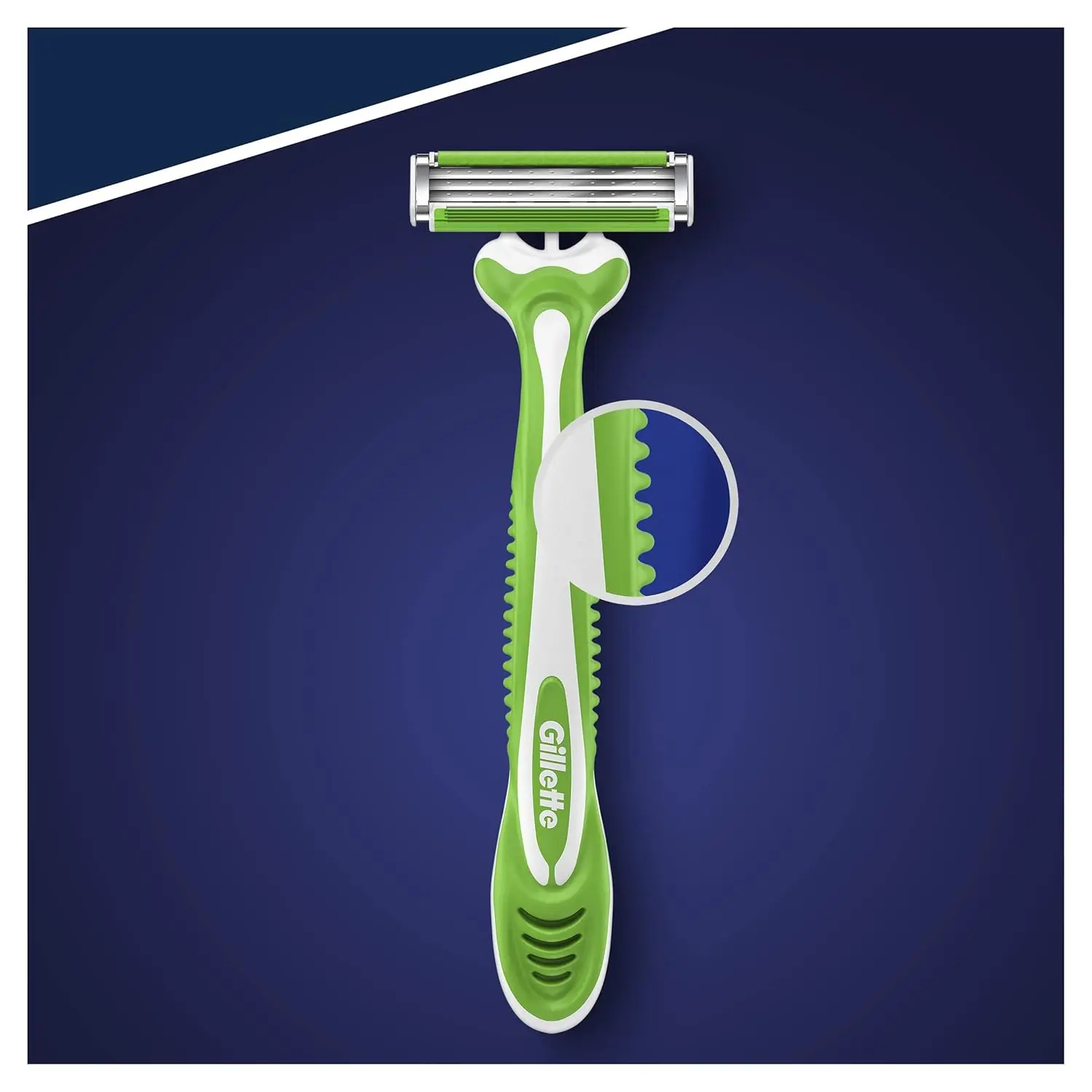 A pack of six Gillette Blue 3 Sensitive disposable razors for men with enhanced lubrastrip, three spring-mounted blades, pivoting head, non-slip rubber handle and soft protective microfins for a comfortable shave on sensitive skin.