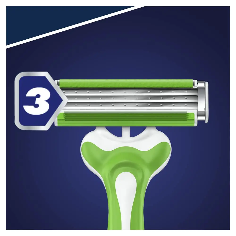 Three Gillette Blue 3 Sensitive disposable razors for men, designed with a lubrastrip, three blades, and a pivoting head for a comfortable shave on sensitive skin.