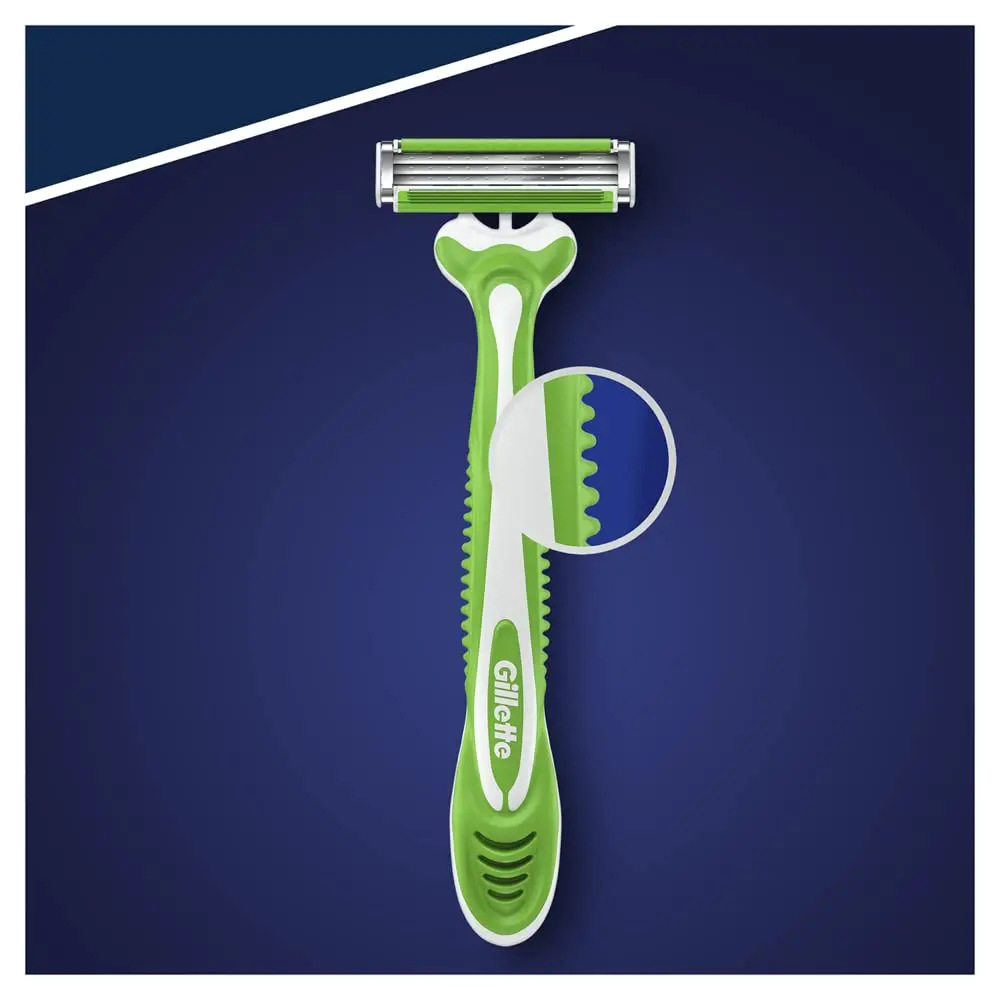 Three Gillette Blue 3 Sensitive disposable razors for men, designed with a lubrastrip, three blades, and a pivoting head for a comfortable shave on sensitive skin.