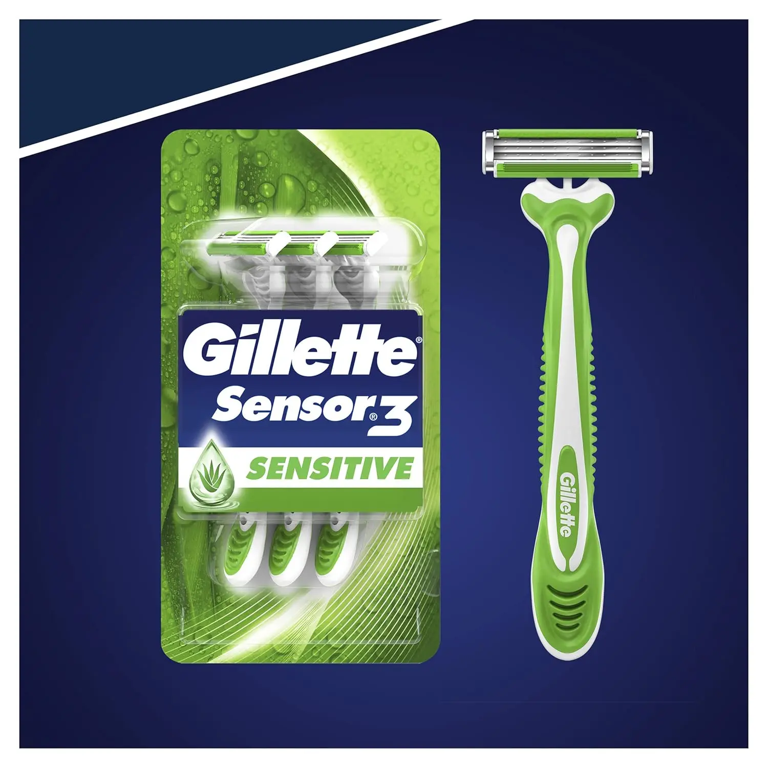 A pack of six Gillette Blue 3 Sensitive disposable razors for men with enhanced lubrastrip, three spring-mounted blades, pivoting head, non-slip rubber handle and soft protective microfins for a comfortable shave on sensitive skin.