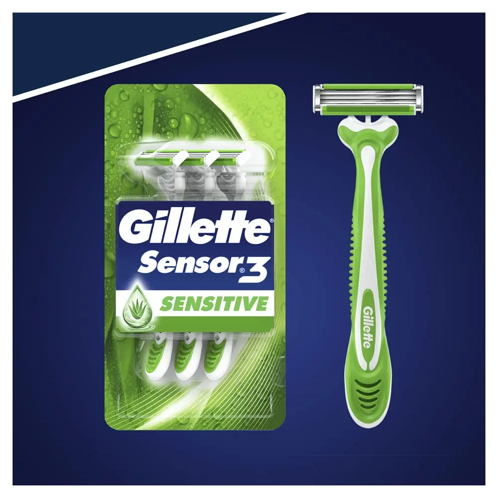 Three Gillette Blue 3 Sensitive disposable razors for men, designed with a lubrastrip, three blades, and a pivoting head for a comfortable shave on sensitive skin.