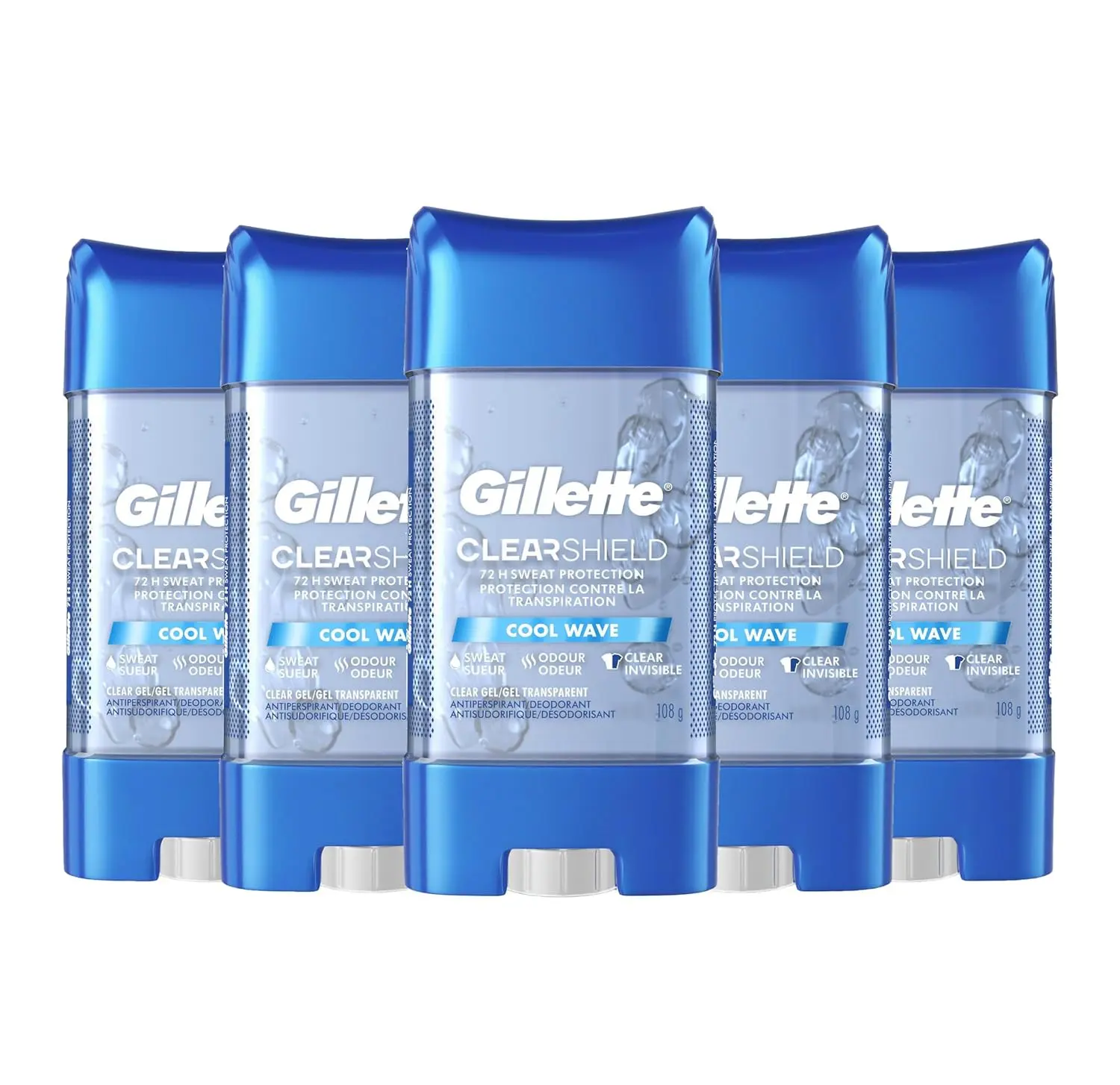 This image shows a five-pack of Gillette Clear Gel Cool Wave antiperspirant and deodorant for men, providing 72-hour sweat and odor protection with a clear application that leaves no white marks.