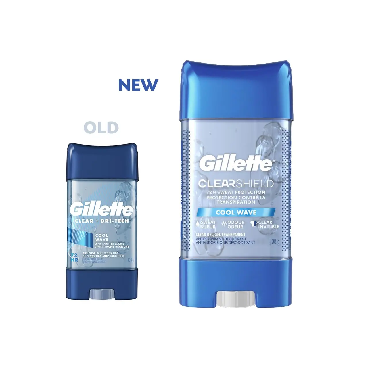 This image shows a five-pack of Gillette Clear Gel Cool Wave antiperspirant and deodorant for men, providing 72-hour sweat and odor protection with a clear application that leaves no white marks.