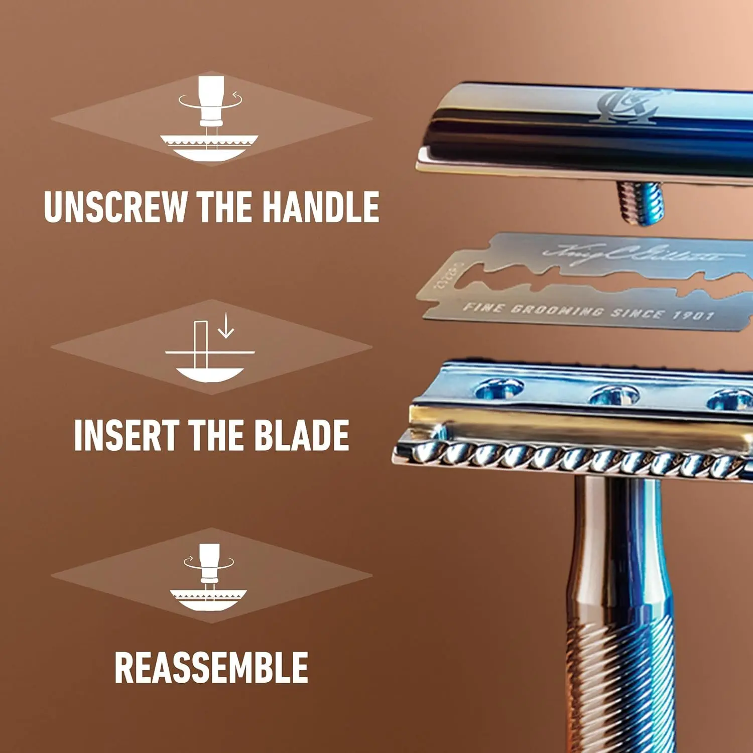 King C. Gillette double edge safety razor with a chrome handle and a set of five platinum coated stainless steel blades, designed for edging and beard line shaping.