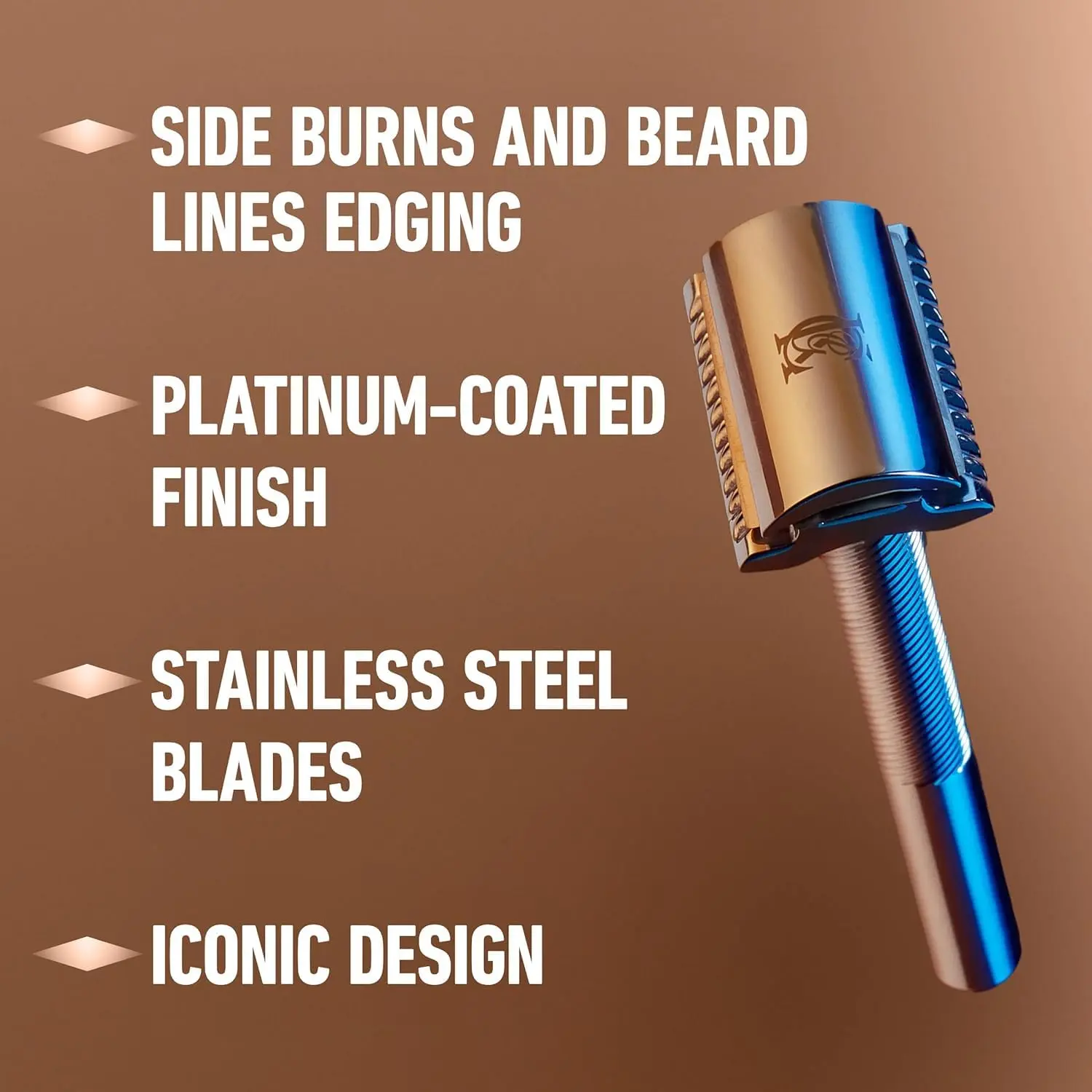 King C. Gillette double edge safety razor with a chrome handle and a set of five platinum coated stainless steel blades, designed for edging and beard line shaping.