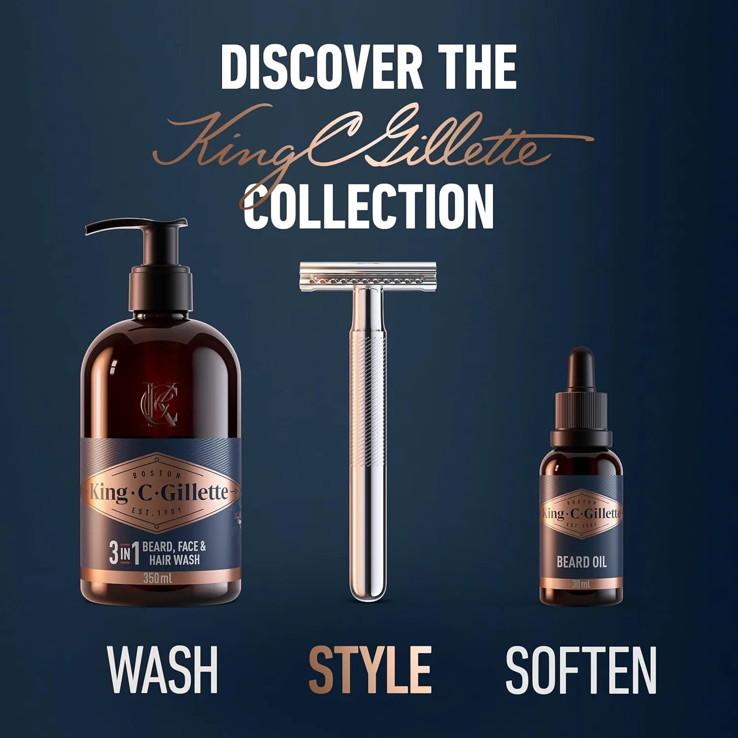 King C. Gillette double edge safety razor with a chrome handle and a set of five platinum coated stainless steel blades, designed for edging and beard line shaping.