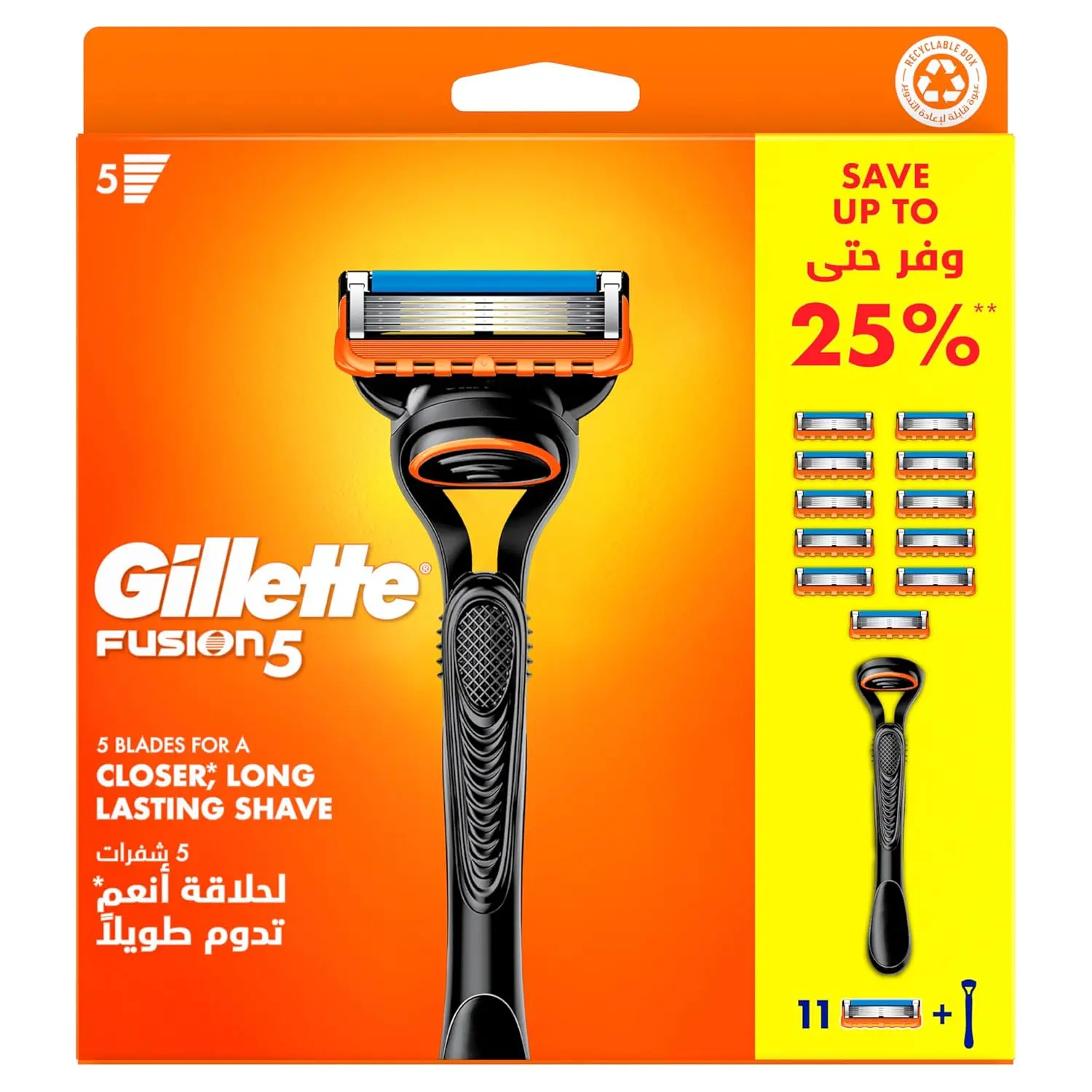 The Gillette Fusion razor with a handle and eleven blade refills provides up to one month of shaves per blade, featuring a back edging blade for shaping tough areas.