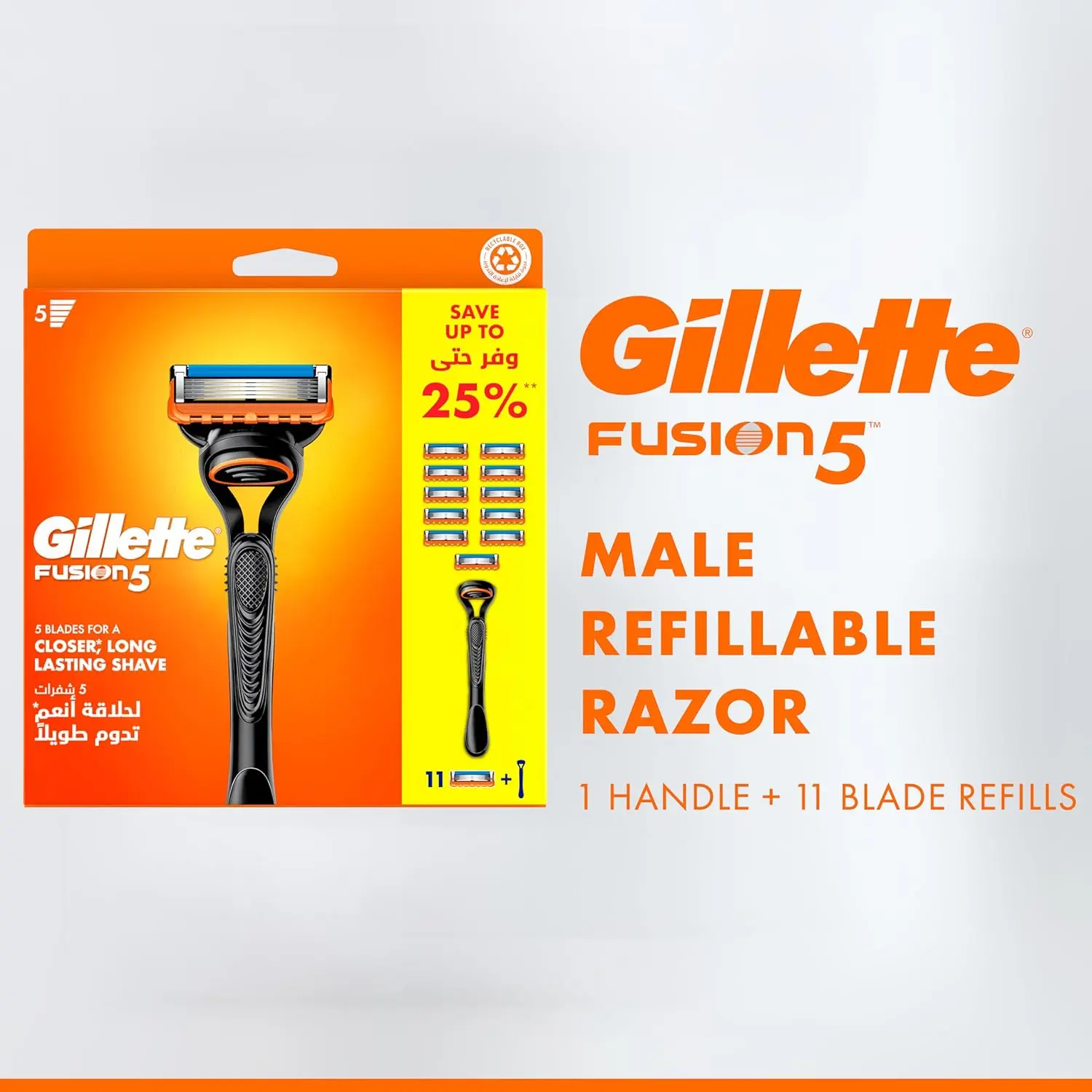 The Gillette Fusion razor with a handle and eleven blade refills provides up to one month of shaves per blade, featuring a back edging blade for shaping tough areas.