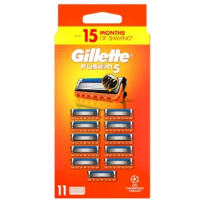 Eleven Gillette Fusion5 razor blade refills for men, featuring 5 anti-friction blades and a precision trimmer for a closer, long-lasting shave.