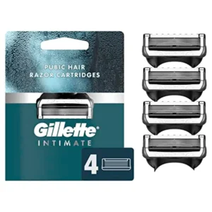 Gillette Intimate Razor with 5 anti-friction blades and 2x lubrication for a gentle, comfortable shave on delicate pubic skin, featuring a flexible handle for easy reach.