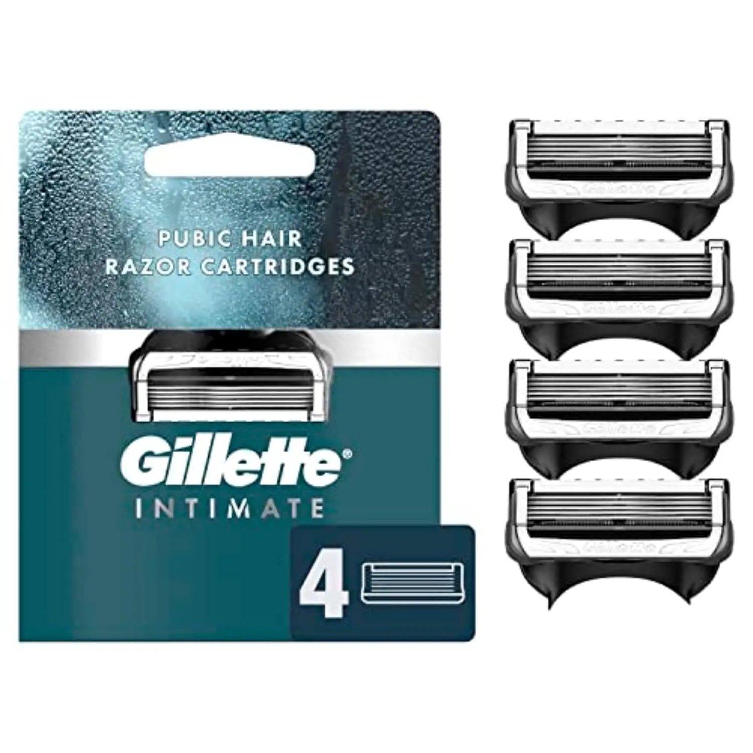 Gillette Intimate Razor with 5 anti-friction blades and 2x lubrication for a gentle, comfortable shave on delicate pubic skin, featuring a flexible handle for easy reach.