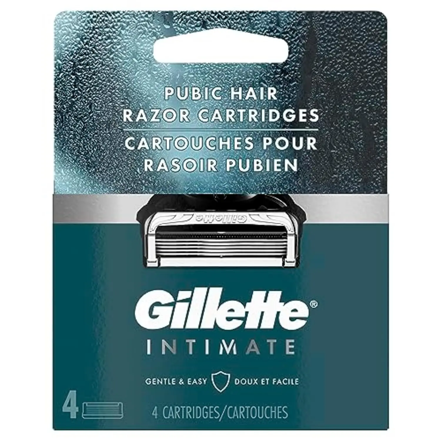Gillette Intimate Razor with 5 anti-friction blades and 2x lubrication for a gentle, comfortable shave on delicate pubic skin, featuring a flexible handle for easy reach.