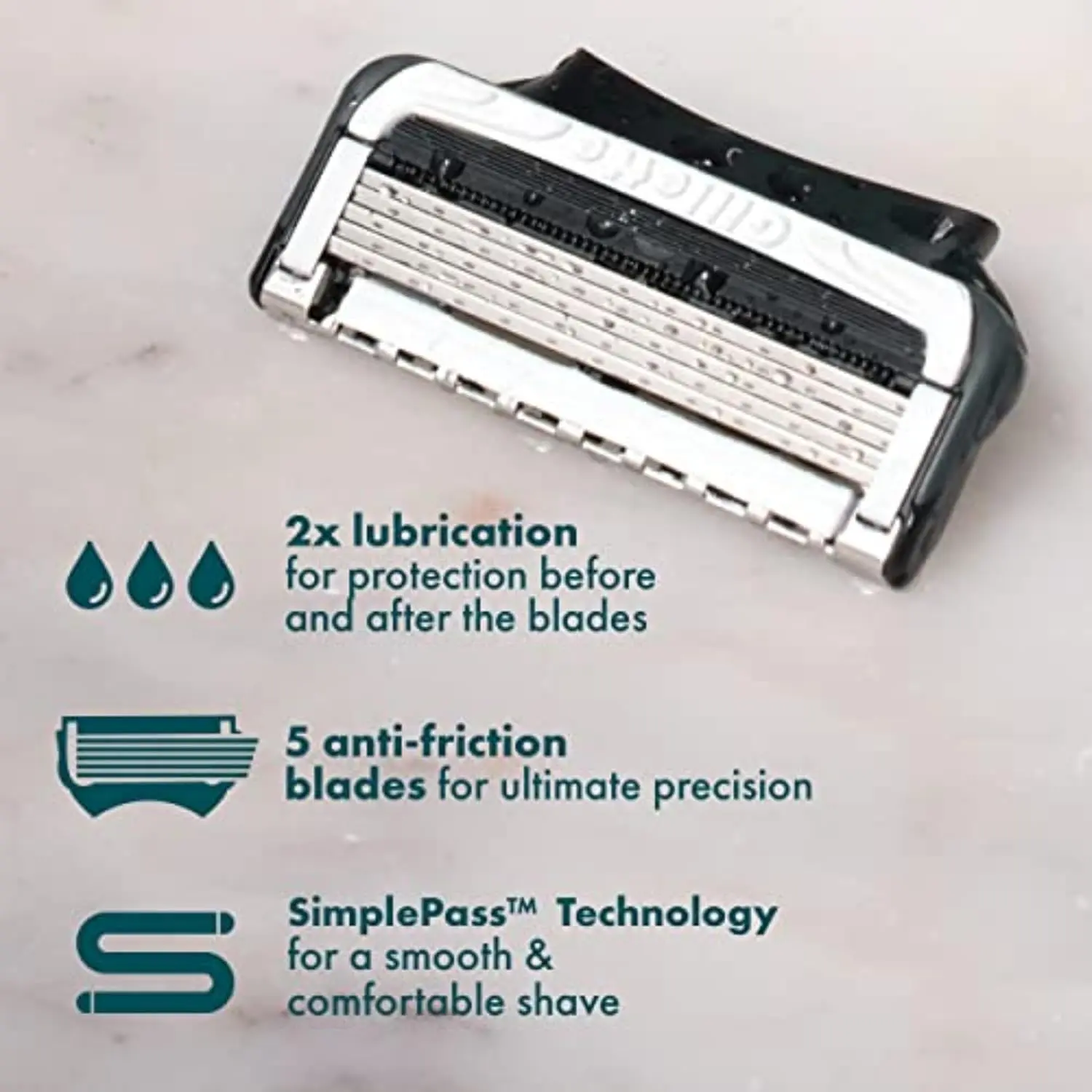 Gillette Intimate Razor with 5 anti-friction blades and 2x lubrication for a gentle, comfortable shave on delicate pubic skin, featuring a flexible handle for easy reach.