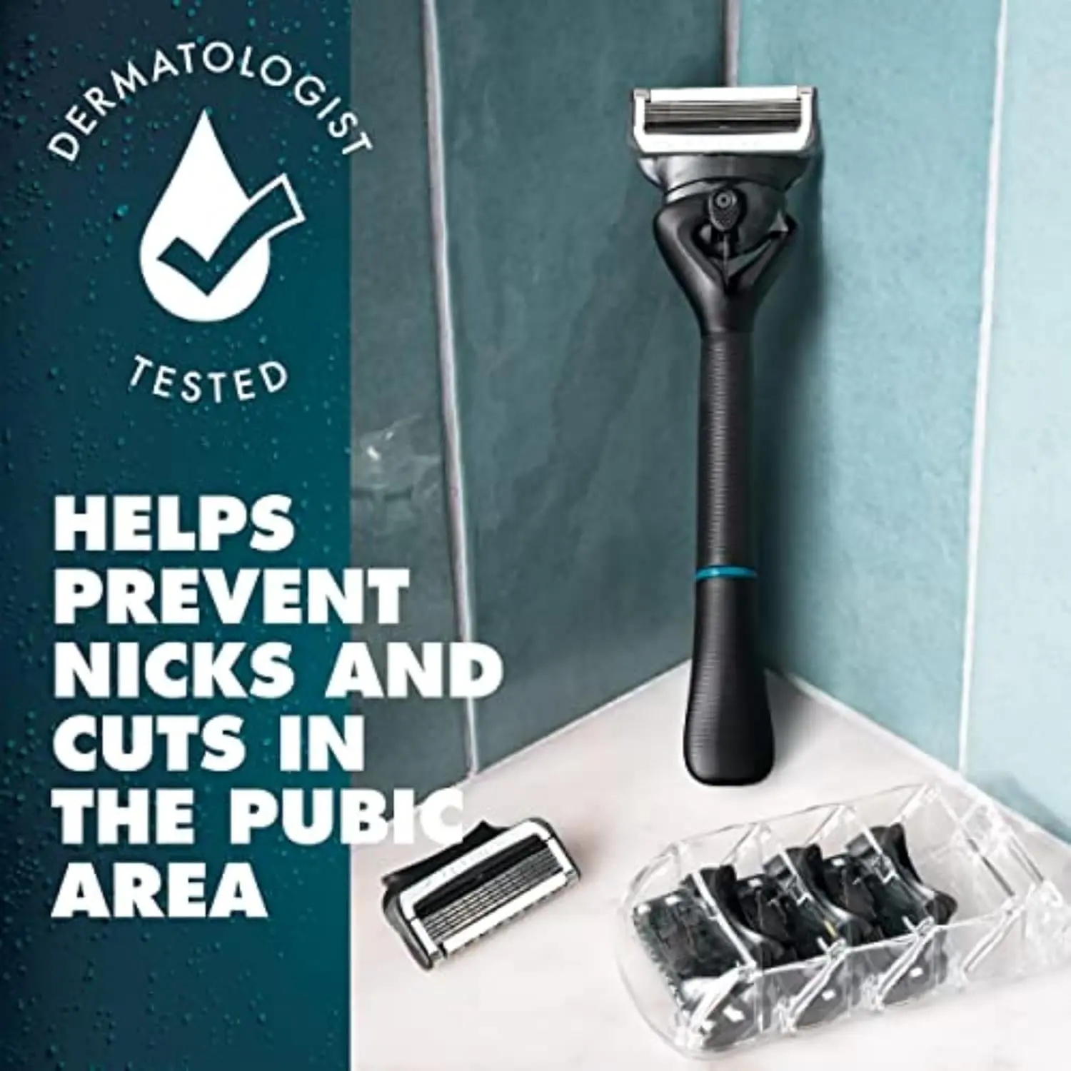 Gillette Intimate Razor with 5 anti-friction blades and 2x lubrication for a gentle, comfortable shave on delicate pubic skin, featuring a flexible handle for easy reach.