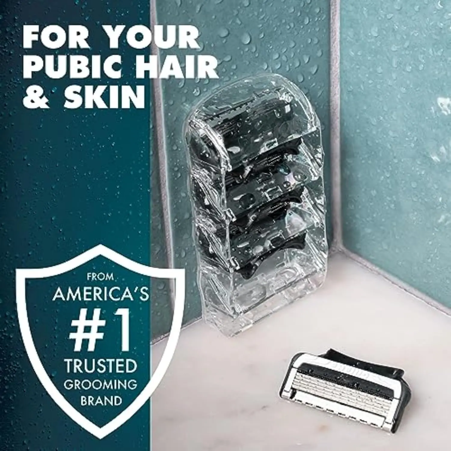 Gillette Intimate Razor with 5 anti-friction blades and 2x lubrication for a gentle, comfortable shave on delicate pubic skin, featuring a flexible handle for easy reach.