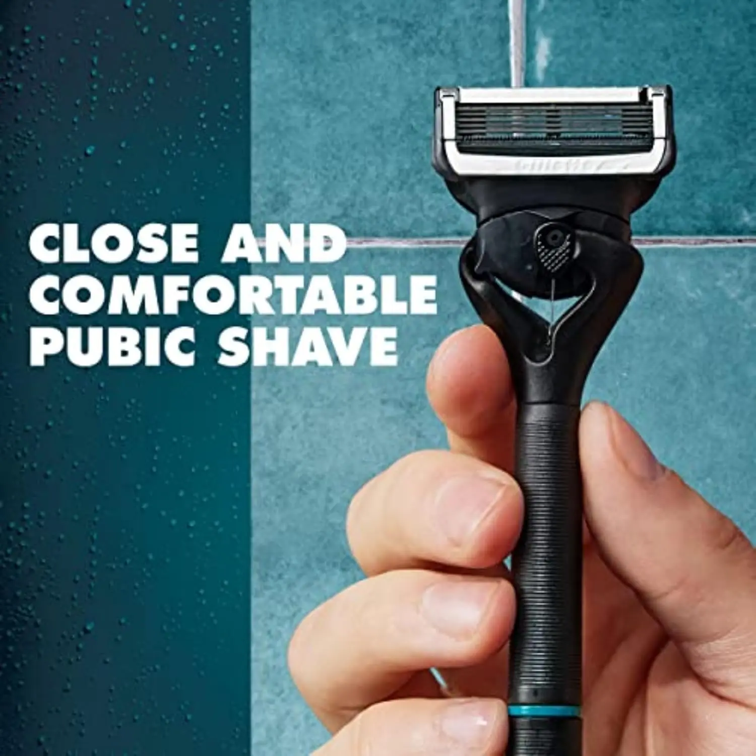 Gillette Intimate Razor with 5 anti-friction blades and 2x lubrication for a gentle, comfortable shave on delicate pubic skin, featuring a flexible handle for easy reach.