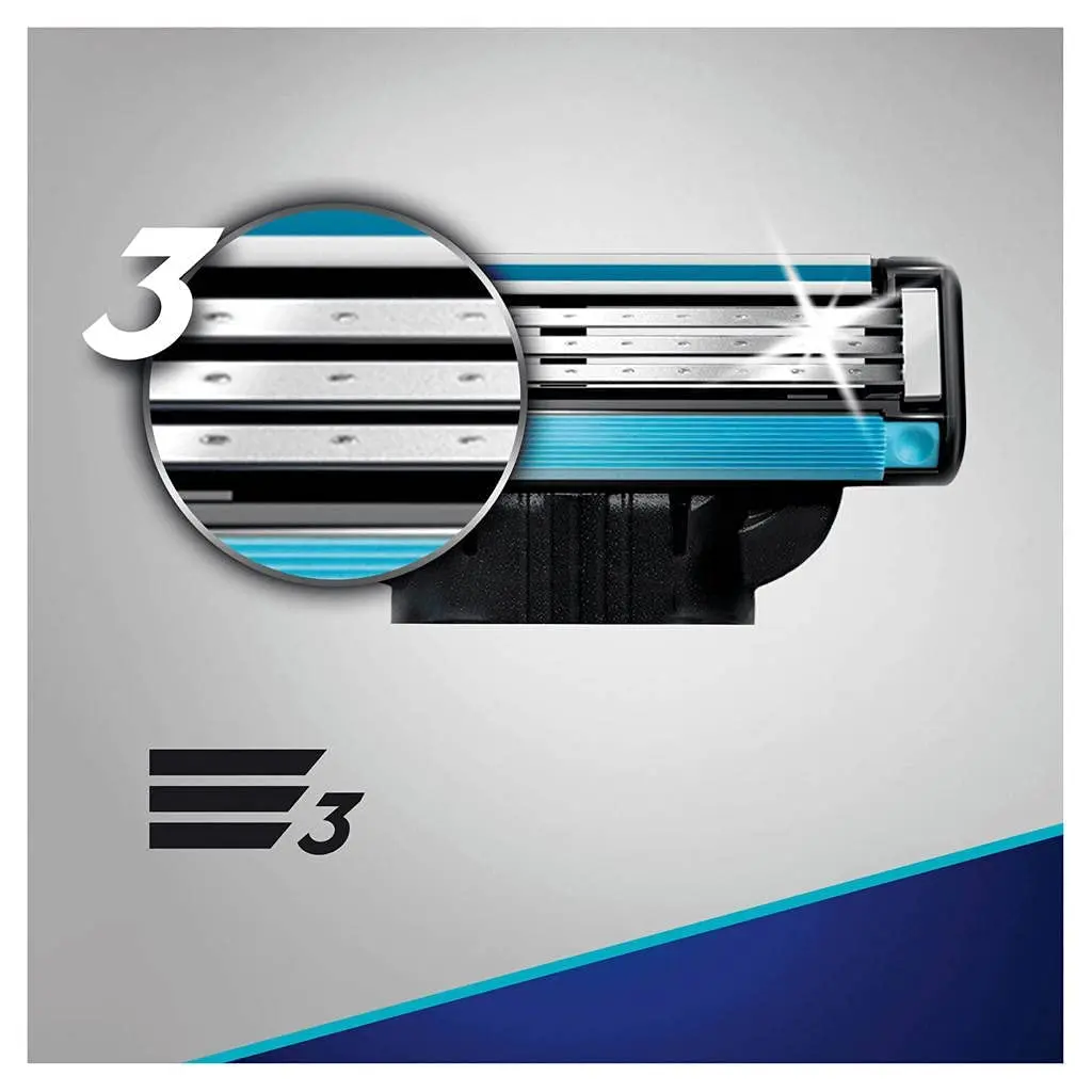 A pack of four Gillette MACH3 razor blade refills for men, engineered with stronger-than-steel blades for up to 15 comfortable shaves per blade.