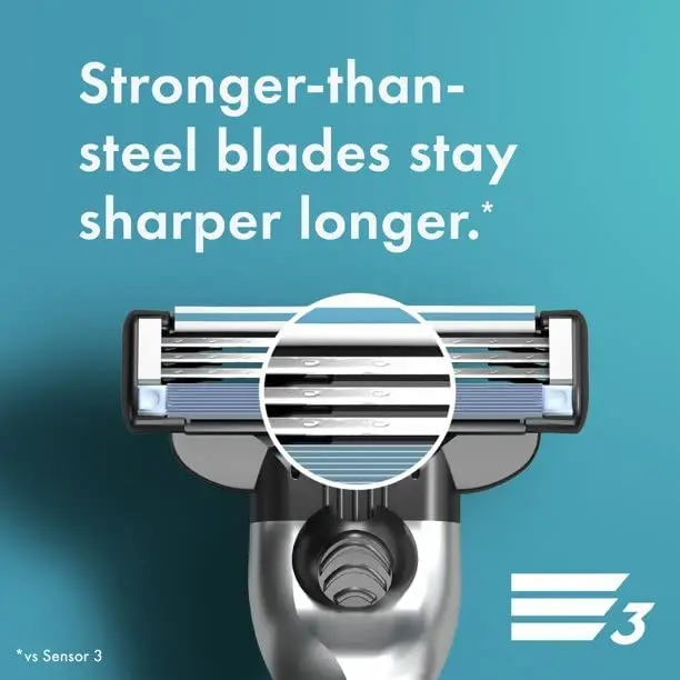 A pack of four Gillette MACH3 razor blade refills for men, engineered with stronger-than-steel blades for up to 15 comfortable shaves per blade.
