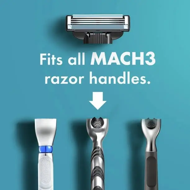 A pack of four Gillette MACH3 razor blade refills for men, engineered with stronger-than-steel blades for up to 15 comfortable shaves per blade.