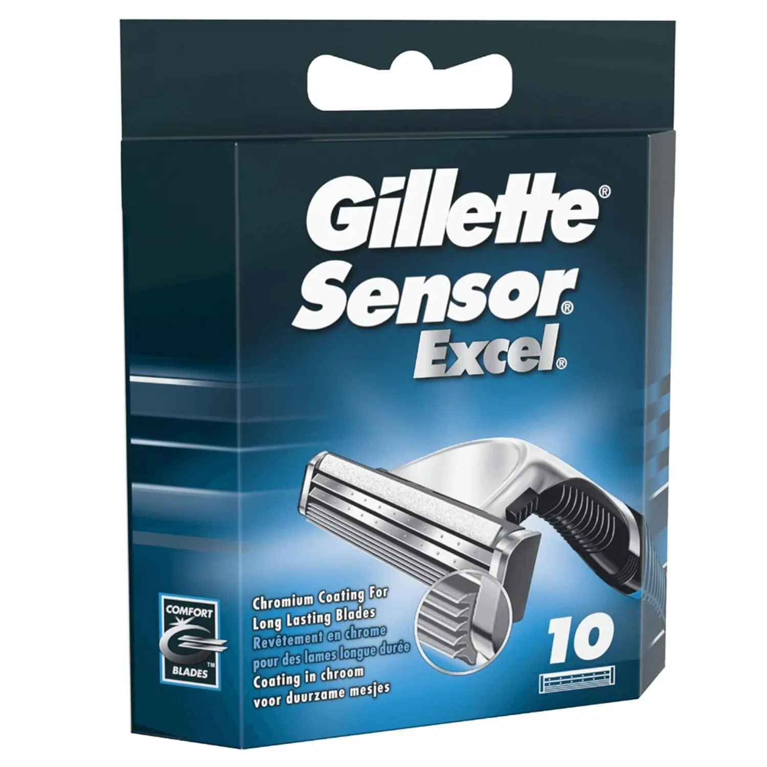 Ten Gillette Sensor Excel razor blades featuring a comfortable shave with soft micro-waved blades.