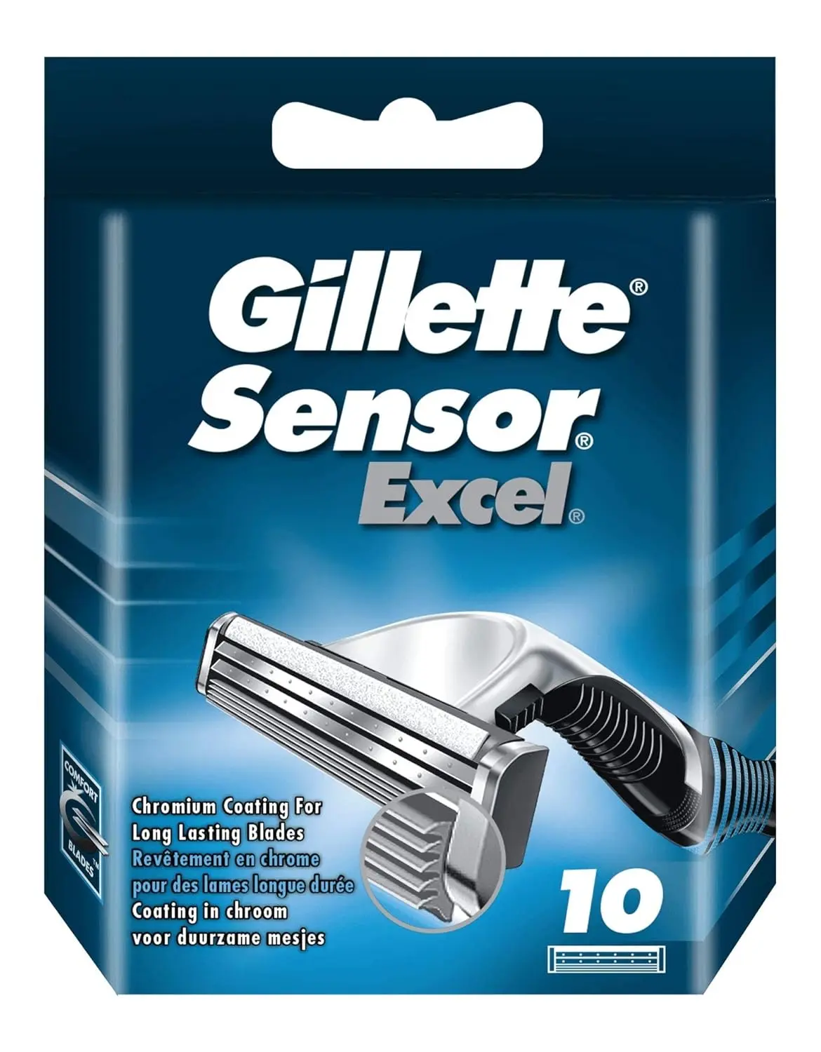 Ten Gillette Sensor Excel razor blades featuring a comfortable shave with soft micro-waved blades.