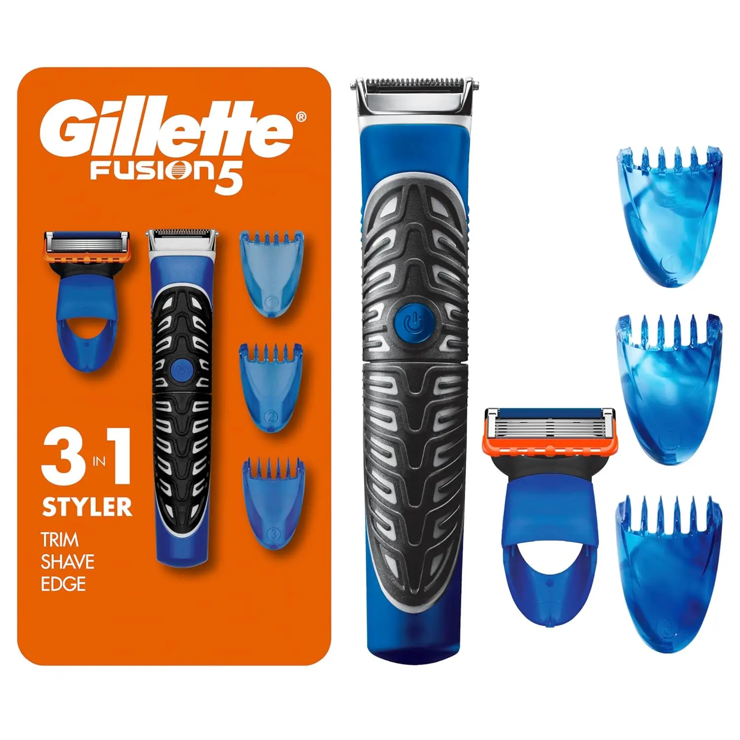 The Gillette Styler beard trimmer kit for men includes a ProGlide blade, three comb attachments, a battery, and an organizer for grooming and edging with precision.