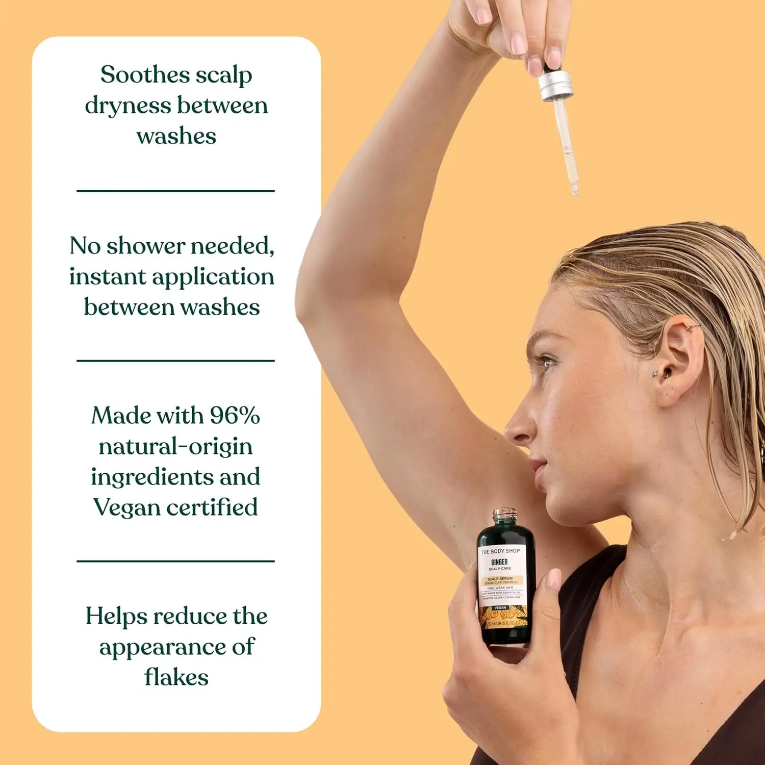 A bottle of ginger scalp serum designed to calm and nourish dry, flaky scalps while invigorating the senses with a refreshing ginger scent.